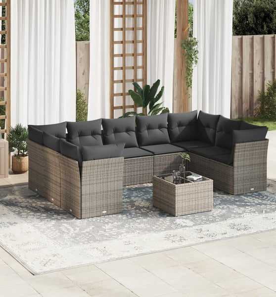 10-tlg. Garten-Sofagarnitur mit Kissen Grau Poly Rattan