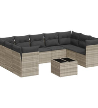 10-tlg. Garten-Sofagarnitur mit Kissen Hellgrau Poly Rattan