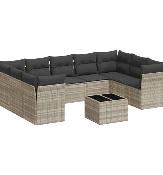 10-tlg. Garten-Sofagarnitur mit Kissen Hellgrau Poly Rattan