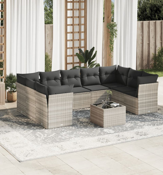 10-tlg. Garten-Sofagarnitur mit Kissen Hellgrau Poly Rattan