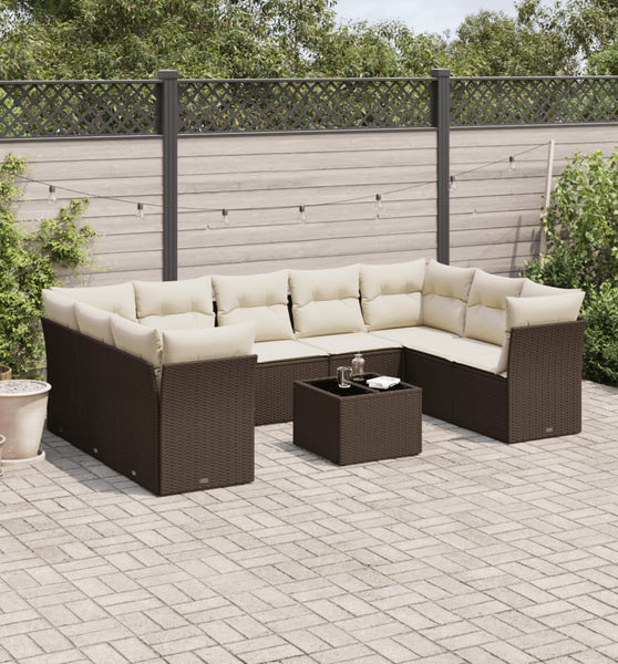 10-tlg. Garten-Sofagarnitur mit Kissen Braun Poly Rattan