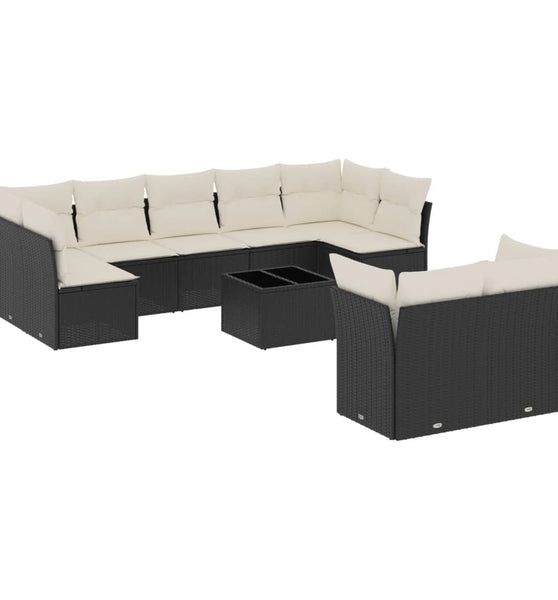 10-tlg. Garten-Sofagarnitur mit Kissen Schwarz Poly Rattan