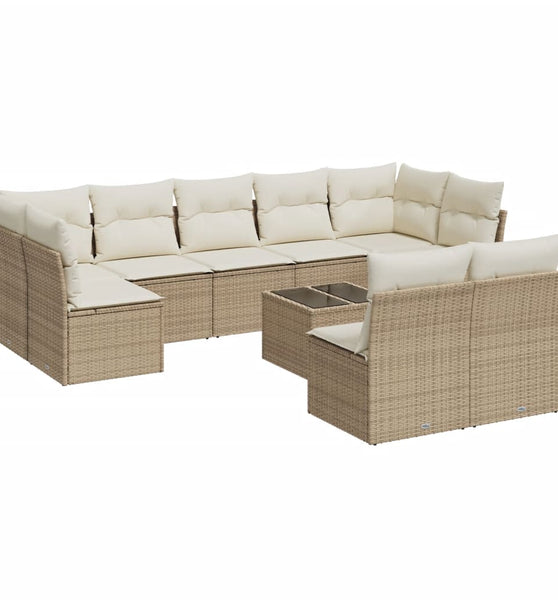 10-tlg. Garten-Sofagarnitur mit Kissen Beige Poly Rattan