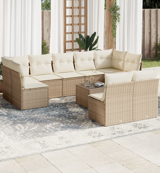 10-tlg. Garten-Sofagarnitur mit Kissen Beige Poly Rattan