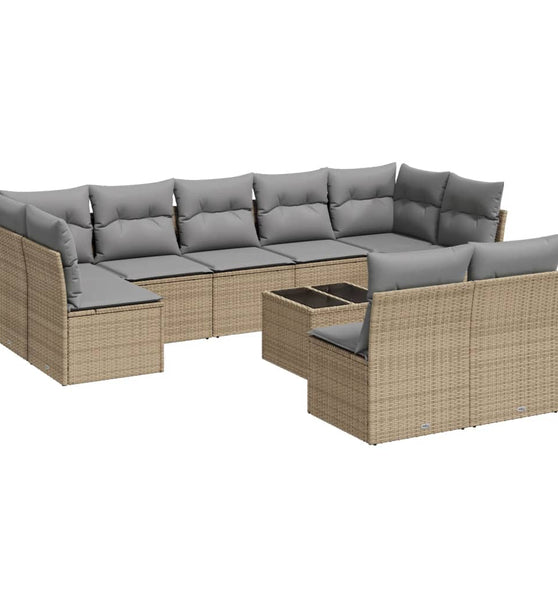 10-tlg. Garten-Sofagarnitur mit Kissen Beige Poly Rattan