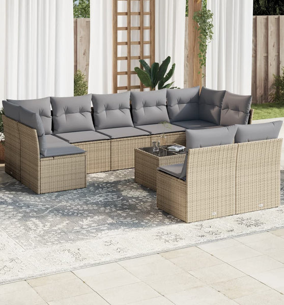 10-tlg. Garten-Sofagarnitur mit Kissen Beige Poly Rattan