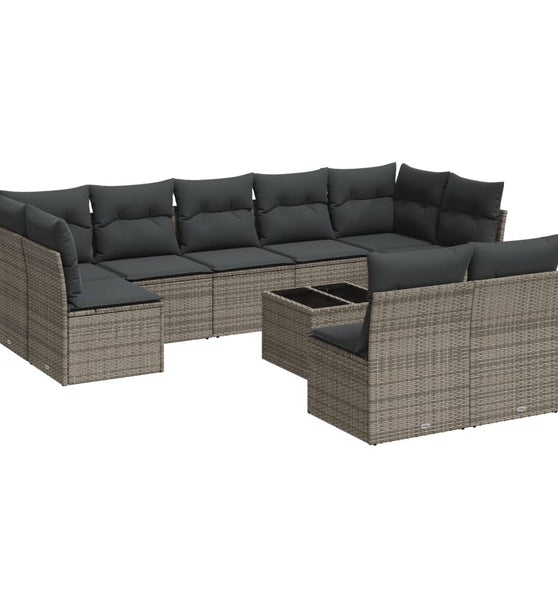 10-tlg. Garten-Sofagarnitur mit Kissen Grau Poly Rattan