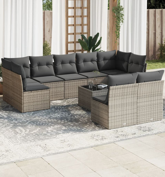 10-tlg. Garten-Sofagarnitur mit Kissen Grau Poly Rattan