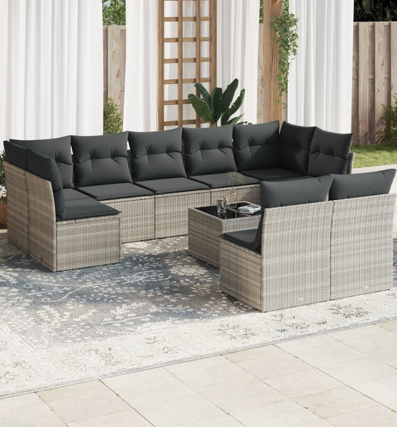 10-tlg. Garten-Sofagarnitur mit Kissen Hellgrau Poly Rattan