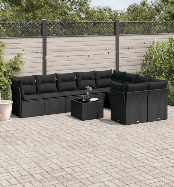 10-tlg. Garten-Sofagarnitur mit Kissen Schwarz Poly Rattan