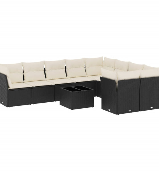 10-tlg. Garten-Sofagarnitur mit Kissen Schwarz Poly Rattan