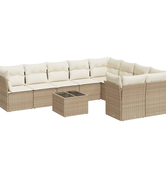 10-tlg. Garten-Sofagarnitur mit Kissen Beige Poly Rattan