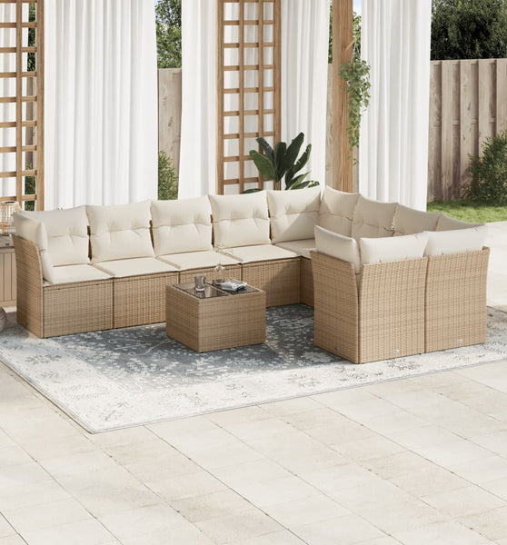 10-tlg. Garten-Sofagarnitur mit Kissen Beige Poly Rattan