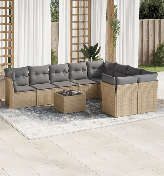 10-tlg. Garten-Sofagarnitur mit Kissen Beige Poly Rattan
