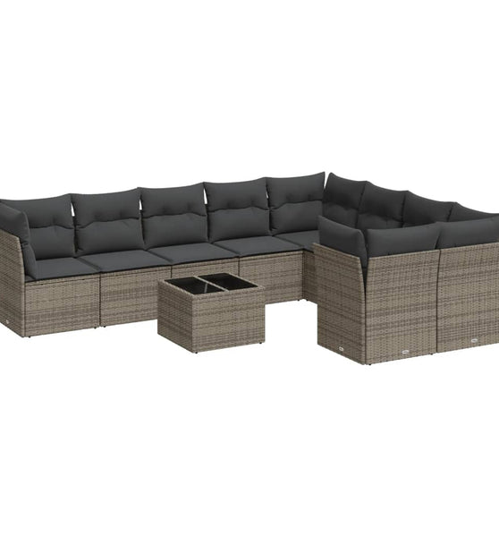 10-tlg. Garten-Sofagarnitur mit Kissen Grau Poly Rattan