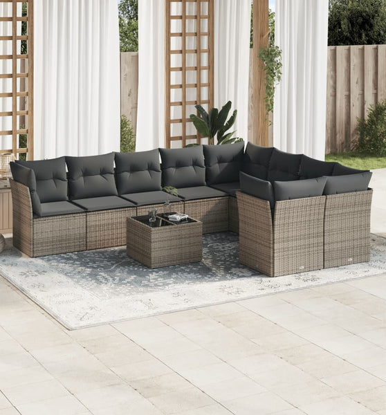 10-tlg. Garten-Sofagarnitur mit Kissen Grau Poly Rattan