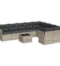 10-tlg. Garten-Sofagarnitur mit Kissen Hellgrau Poly Rattan
