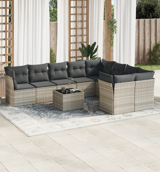10-tlg. Garten-Sofagarnitur mit Kissen Hellgrau Poly Rattan