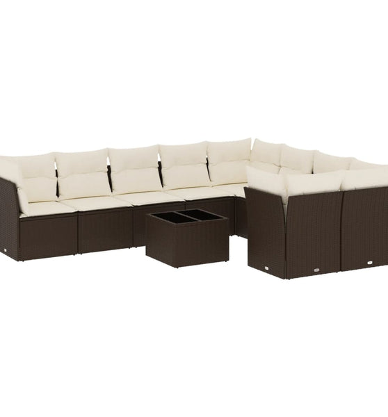 10-tlg. Garten-Sofagarnitur mit Kissen Braun Poly Rattan