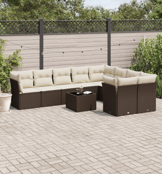 10-tlg. Garten-Sofagarnitur mit Kissen Braun Poly Rattan
