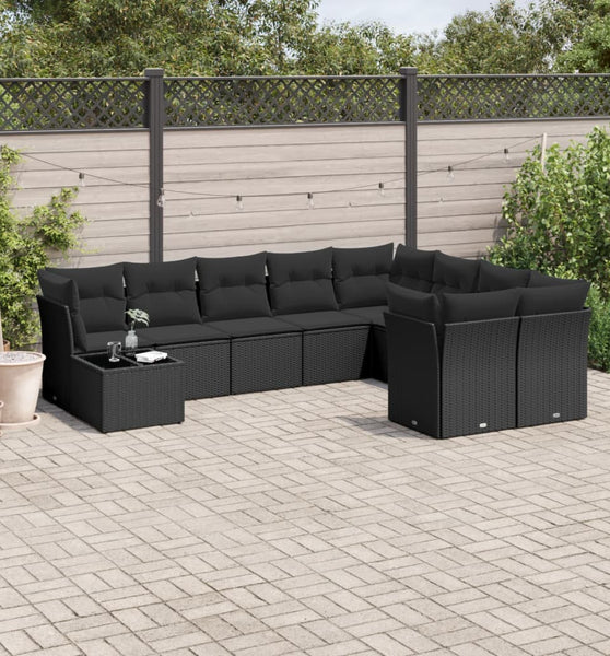 10-tlg. Garten-Sofagarnitur mit Kissen Schwarz Poly Rattan