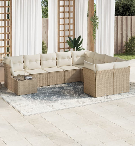 10-tlg. Garten-Sofagarnitur mit Kissen Beige Poly Rattan