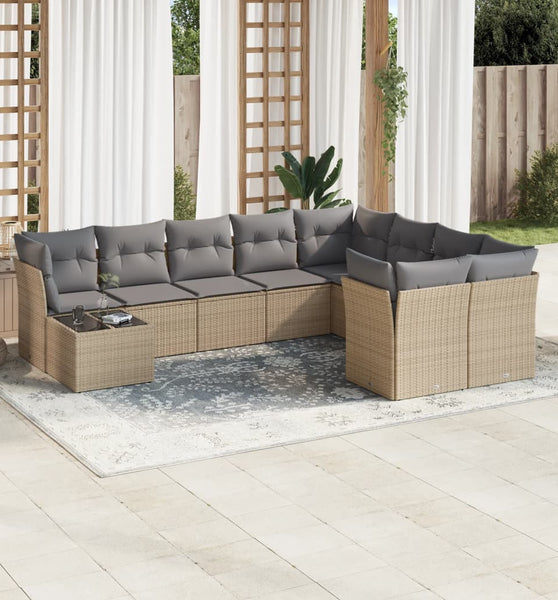 10-tlg. Garten-Sofagarnitur mit Kissen Beige Poly Rattan