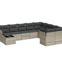 10-tlg. Garten-Sofagarnitur mit Kissen Hellgrau Poly Rattan