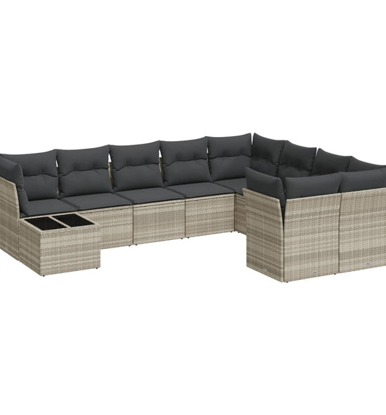 10-tlg. Garten-Sofagarnitur mit Kissen Hellgrau Poly Rattan