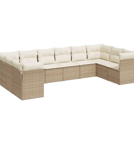 10-tlg. Garten-Sofagarnitur mit Kissen Beige Poly Rattan