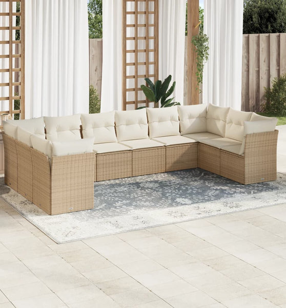 10-tlg. Garten-Sofagarnitur mit Kissen Beige Poly Rattan