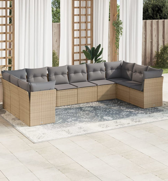 10-tlg. Garten-Sofagarnitur mit Kissen Beige Poly Rattan