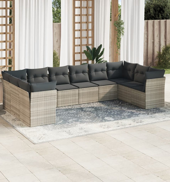 10-tlg. Garten-Sofagarnitur mit Kissen Hellgrau Poly Rattan