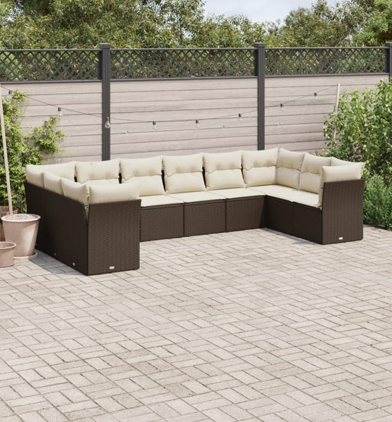 10-tlg. Garten-Sofagarnitur mit Kissen Braun Poly Rattan