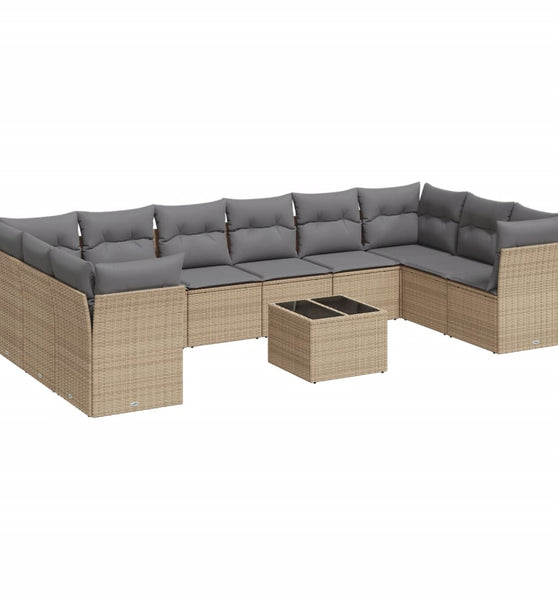 11-tlg. Garten-Sofagarnitur mit Kissen Beige Poly Rattan