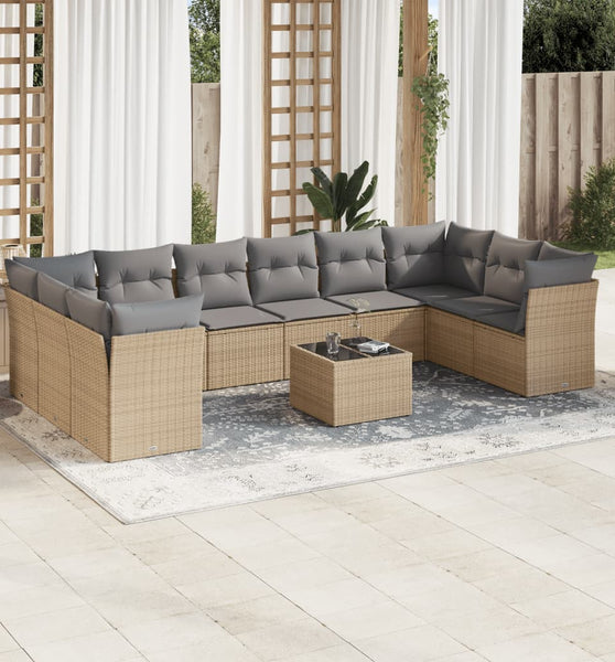 11-tlg. Garten-Sofagarnitur mit Kissen Beige Poly Rattan
