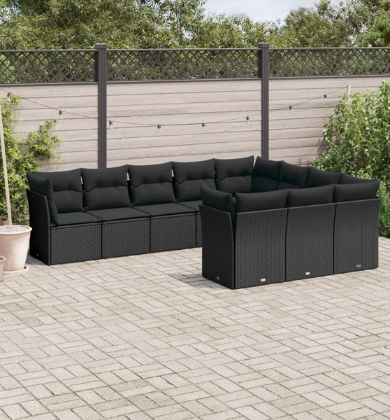 10-tlg. Garten-Sofagarnitur mit Kissen Schwarz Poly Rattan