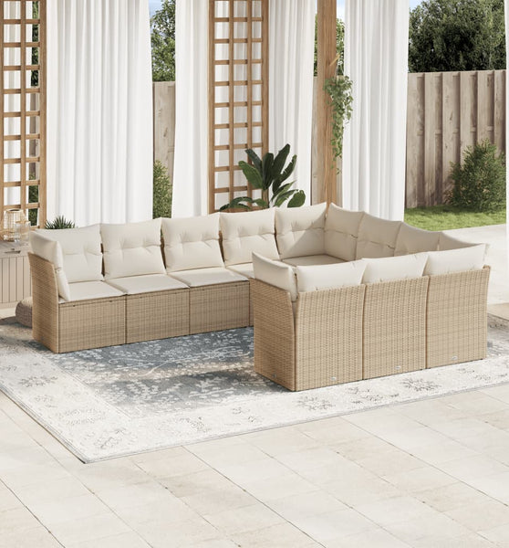 10-tlg. Garten-Sofagarnitur mit Kissen Beige Poly Rattan