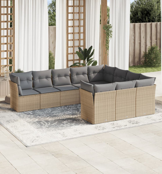 10-tlg. Garten-Sofagarnitur mit Kissen Beige Poly Rattan