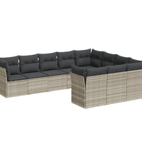 10-tlg. Garten-Sofagarnitur mit Kissen Hellgrau Poly Rattan