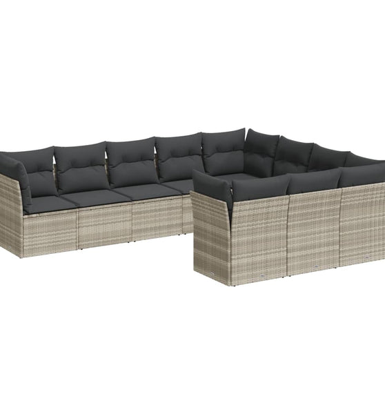 10-tlg. Garten-Sofagarnitur mit Kissen Hellgrau Poly Rattan