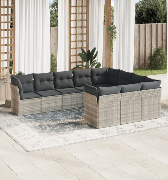 10-tlg. Garten-Sofagarnitur mit Kissen Hellgrau Poly Rattan