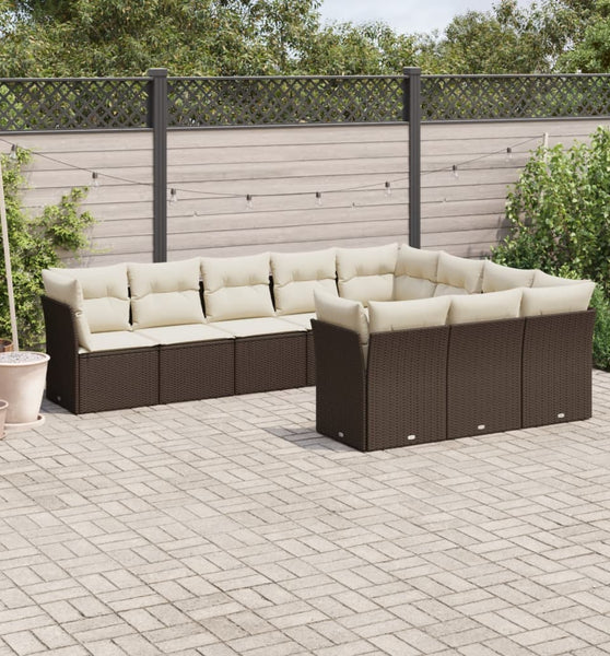 10-tlg. Garten-Sofagarnitur mit Kissen Braun Poly Rattan