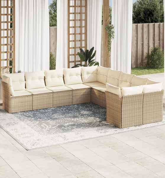 10-tlg. Garten-Sofagarnitur mit Kissen Beige Poly Rattan