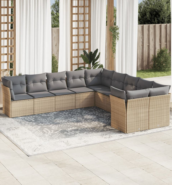 10-tlg. Garten-Sofagarnitur mit Kissen Beige Poly Rattan