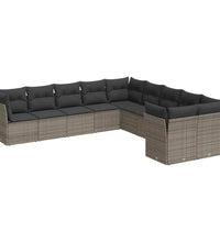 10-tlg. Garten-Sofagarnitur mit Kissen Grau Poly Rattan