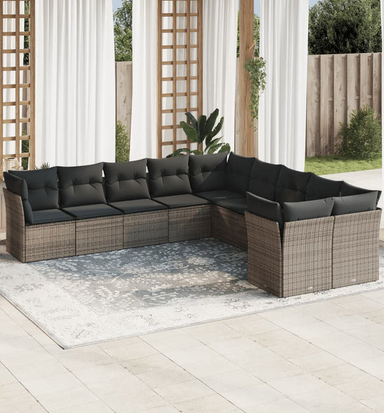 10-tlg. Garten-Sofagarnitur mit Kissen Grau Poly Rattan