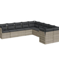 10-tlg. Garten-Sofagarnitur mit Kissen Hellgrau Poly Rattan