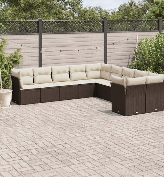 10-tlg. Garten-Sofagarnitur mit Kissen Braun Poly Rattan