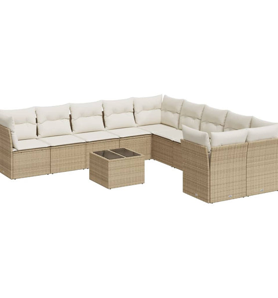 11-tlg. Garten-Sofagarnitur mit Kissen Beige Poly Rattan